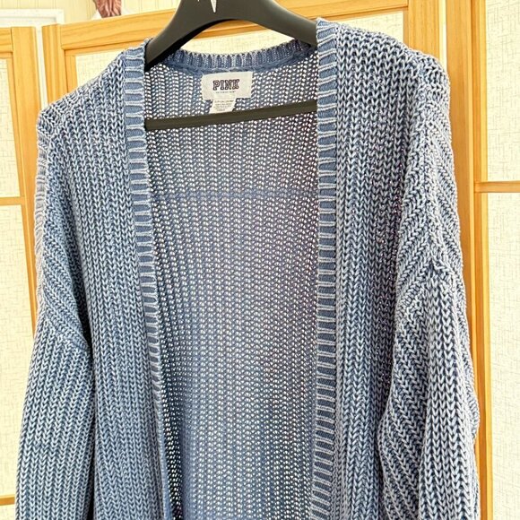 Victoria's Secret Pink Blue Washed open front Cardigan Boho Cozy Chunky - Picture 2 of 6